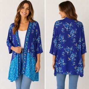 The Pioneer Woman Kimono Floral Mixed Print Blue Teal Cottagecore Sheer Sz L/XL
